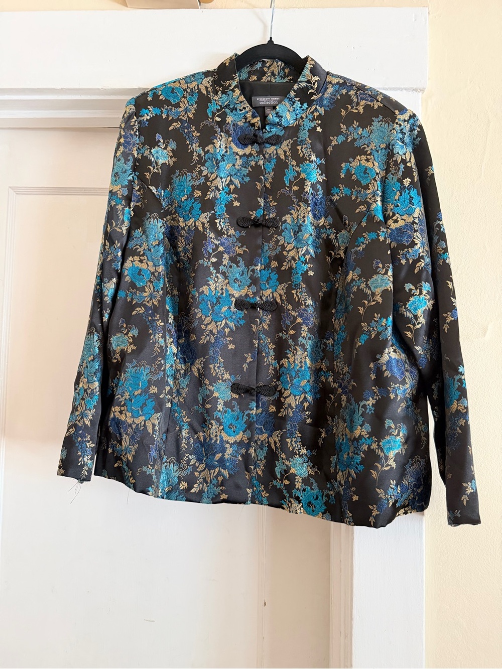 dressbarn Black Brocade Mandarin Jacket with Teal Floral Accents